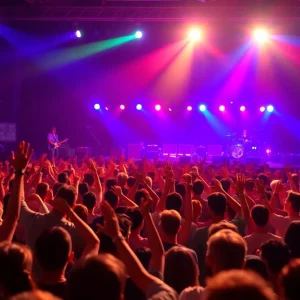 Concert stage with bright lights and excited audience