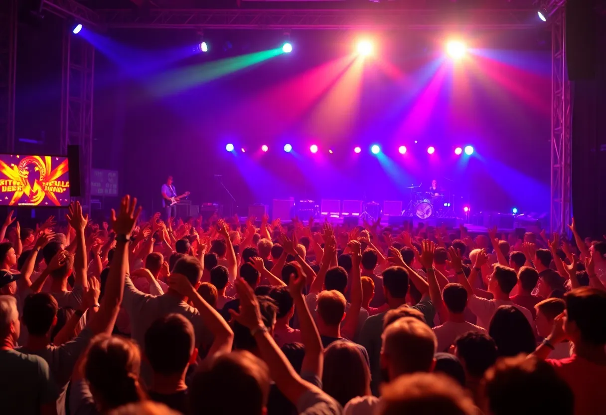 Concert stage with bright lights and excited audience