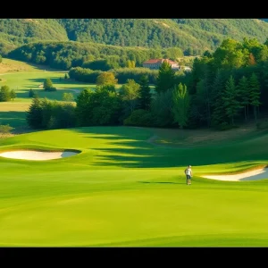 Scenic view of a top golf course with players on the fairway.