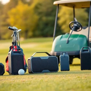 Golfers using portable speakers on a golf course