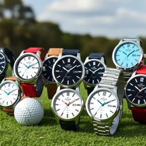 Collection of top golf watches for 2024 on a golf course