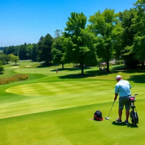 Scenic view of a public golf course showcasing beautiful greens and golfers on the course.