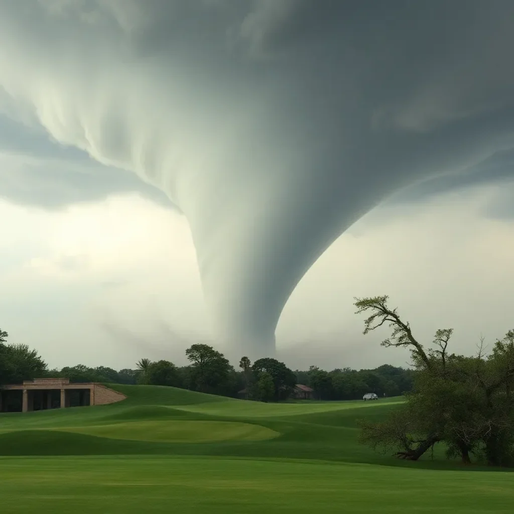 Tornado forming over a golf course with golfers taking cover