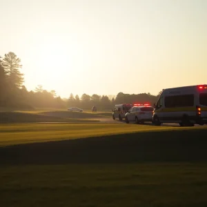 Emergency responders on a golf course after a violent incident.