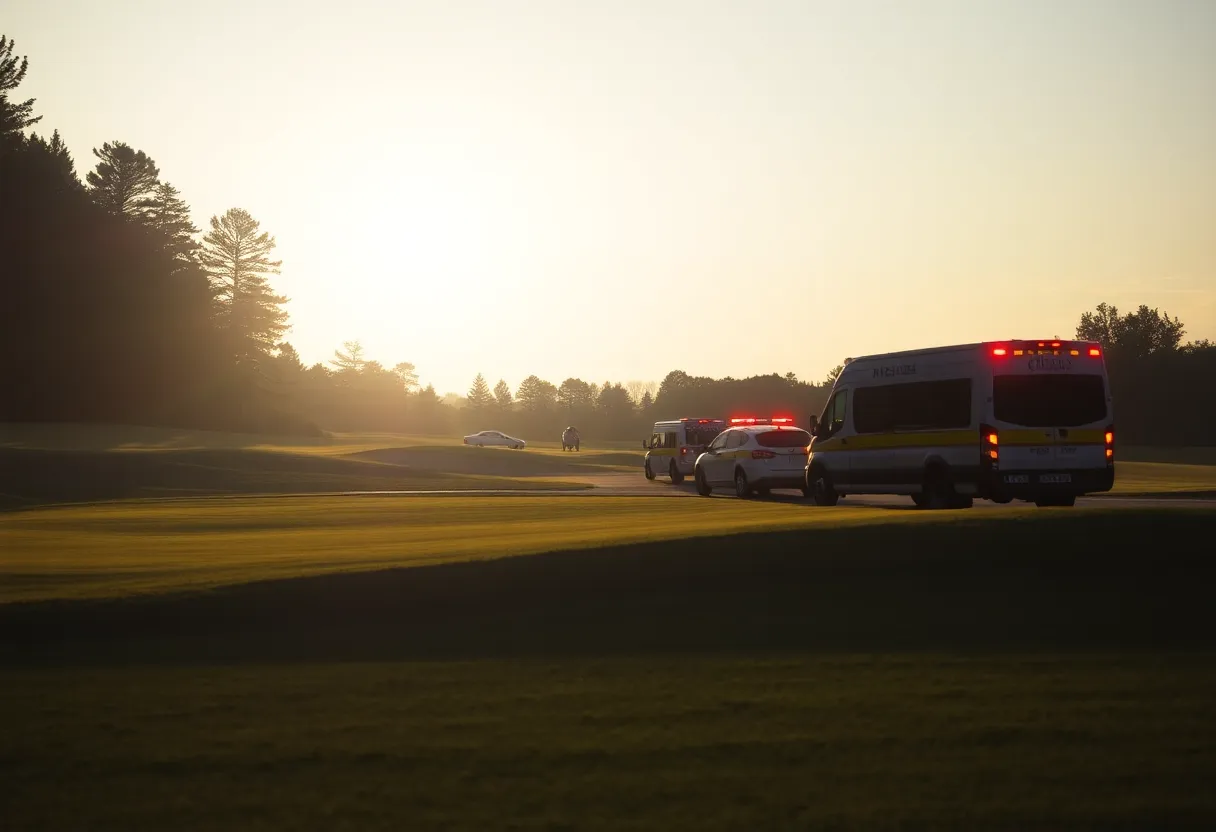 Emergency responders on a golf course after a violent incident.