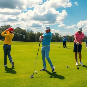 A collection of non-conforming golf clubs with unique designs on a golf course.