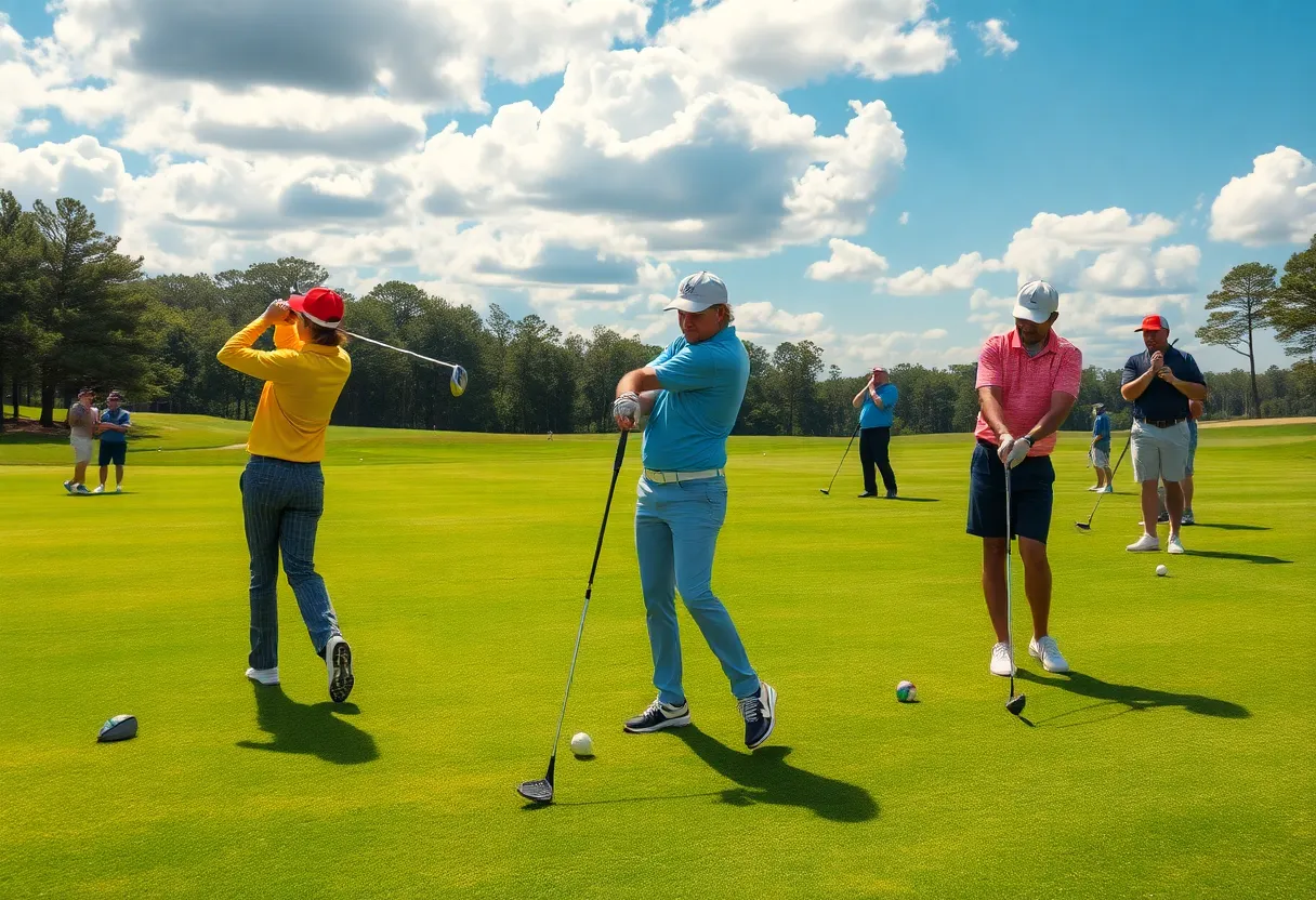 A collection of non-conforming golf clubs with unique designs on a golf course.