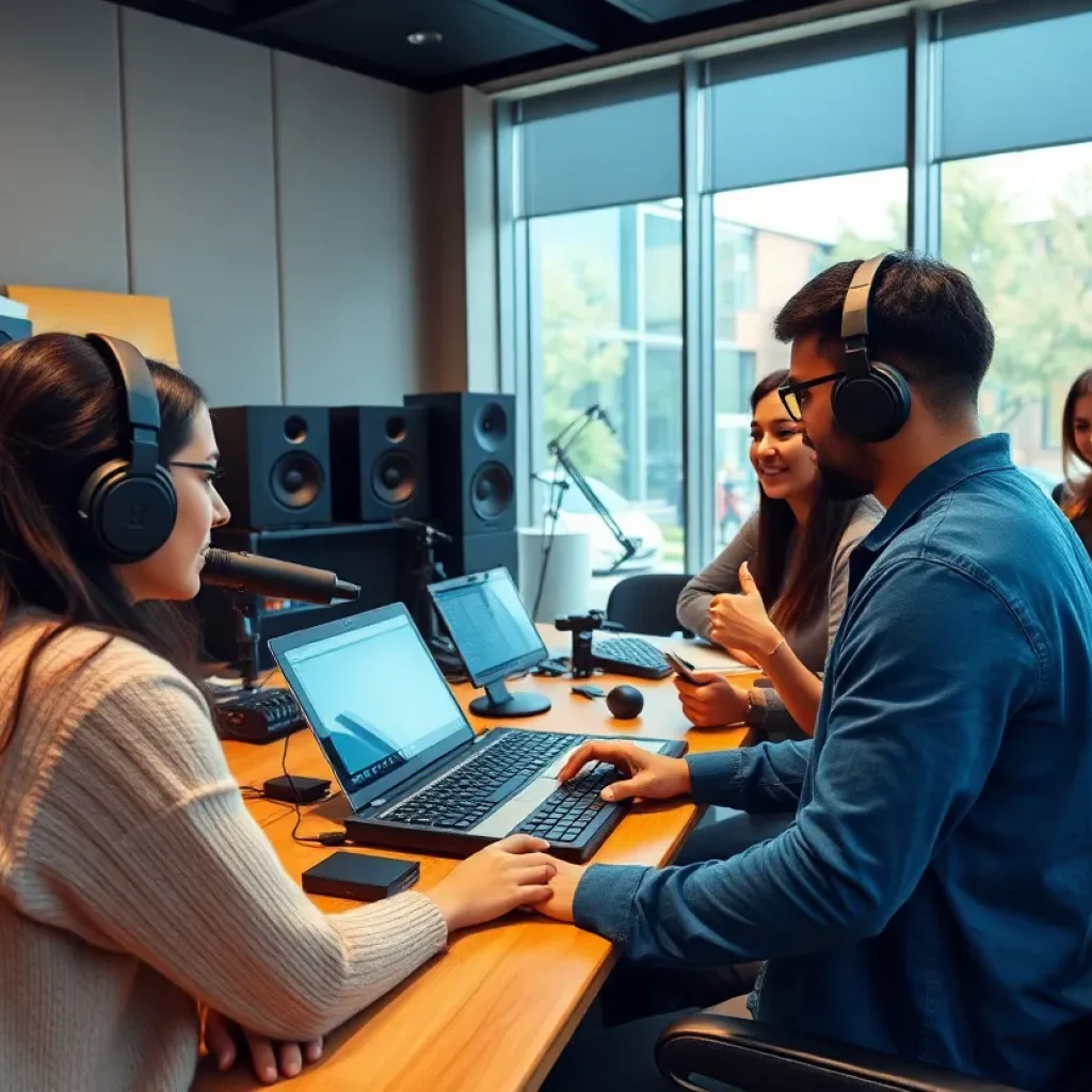 Students learning in a modern audio recording studio at USF