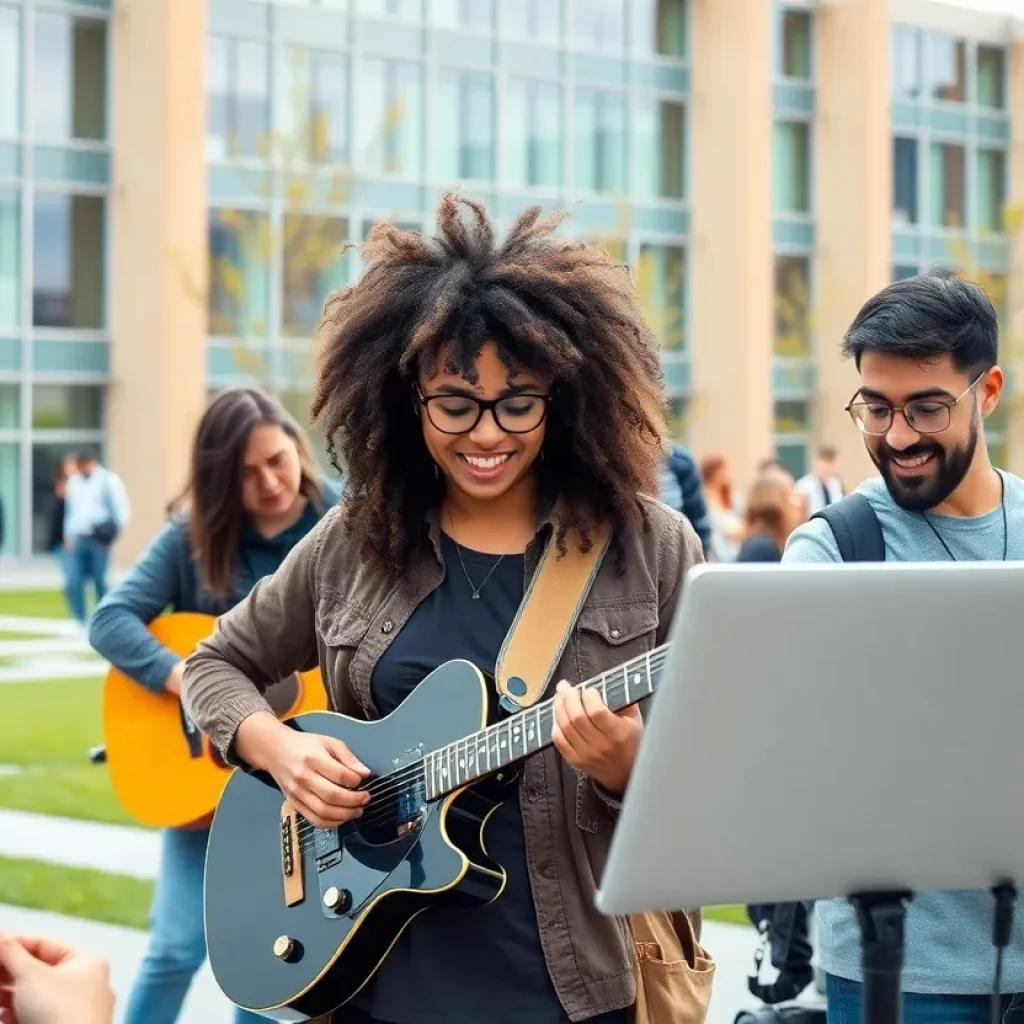 Students collaborating on music technology at USF