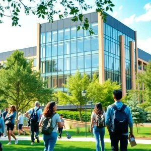 Students on the university campus in front of the Muma College of Business.