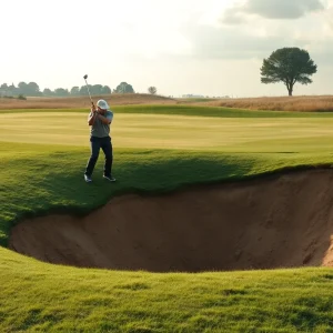 A golfer struggling in a bunker on the golf course