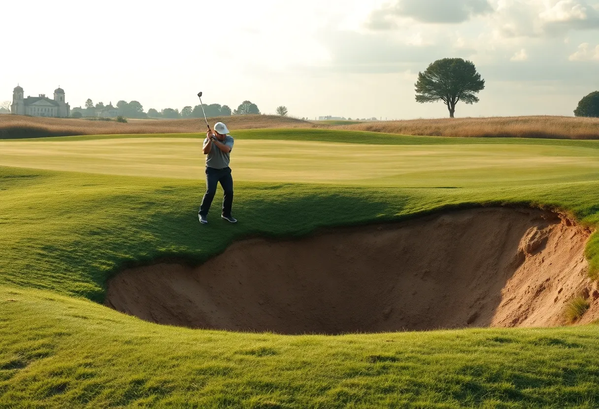 A golfer struggling in a bunker on the golf course