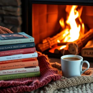 A stack of golf books next to a warm drink in a cozy winter setting.