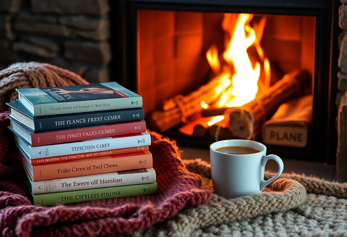 A stack of golf books next to a warm drink in a cozy winter setting.