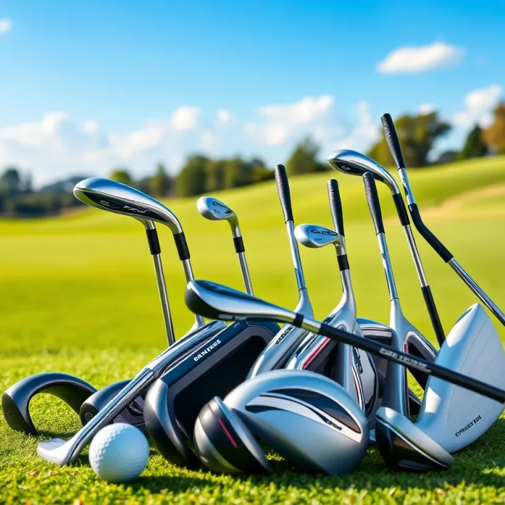 An array of women's golf club sets on a lush golf course.