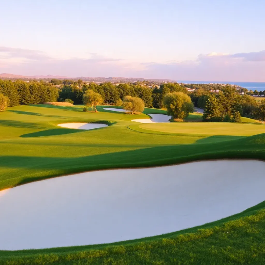 Close up view of a pristine golf course with lush green grass and clear blue skies