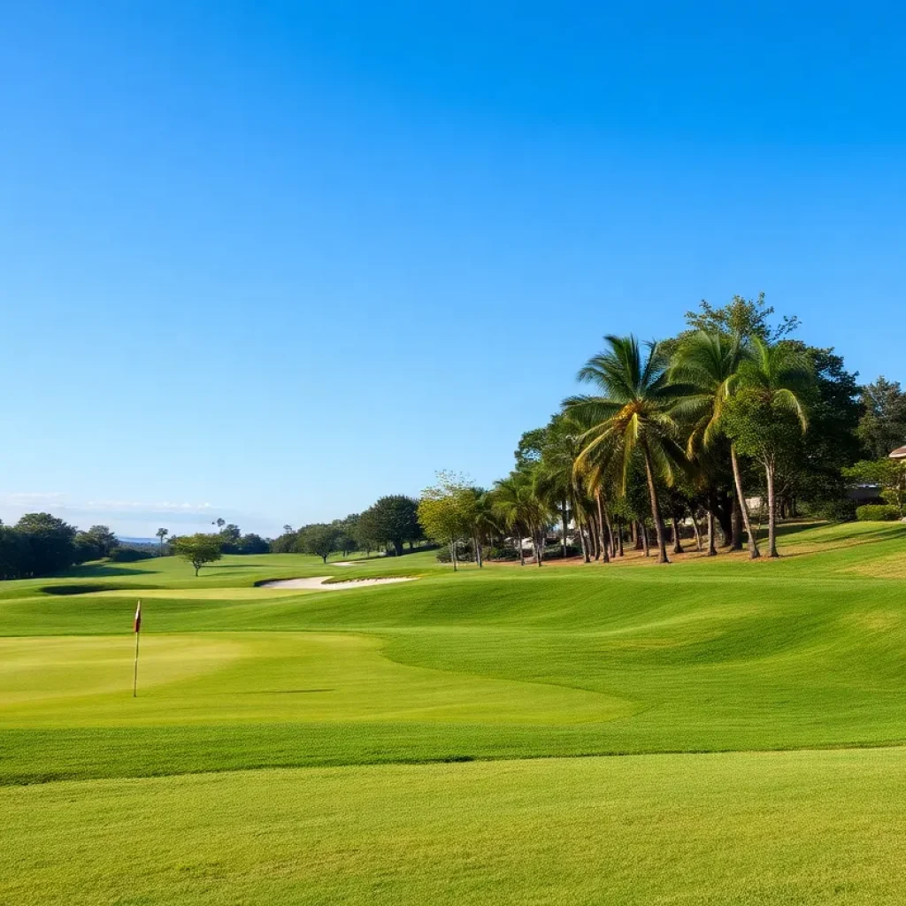 Close up of a stunning golf course with vibrant greens and blue skies