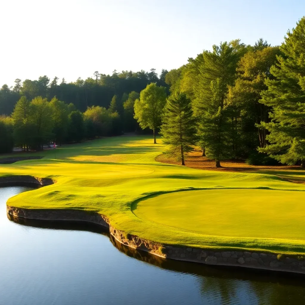 Close up of a beautiful golf course with trees and a clear sky.