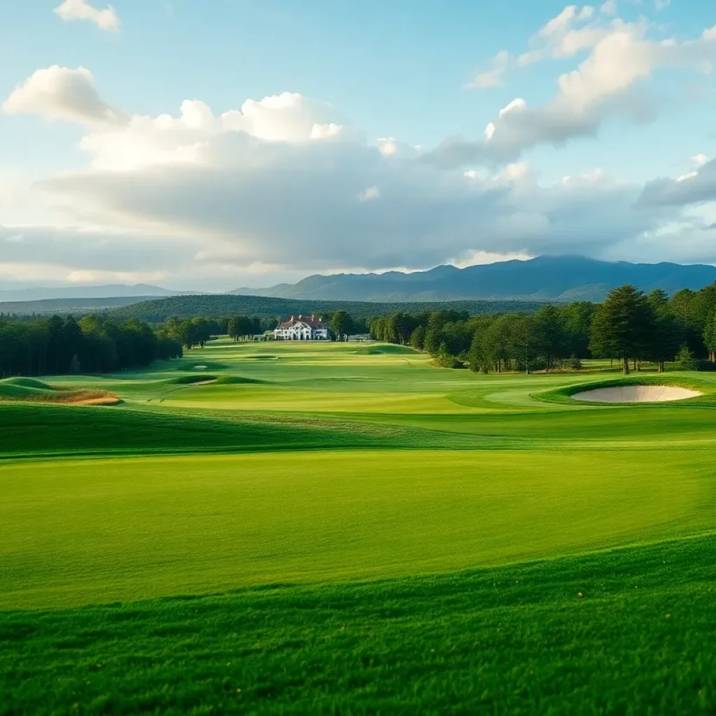 A close up view of a beautiful golf course with green grass and picturesque surroundings.