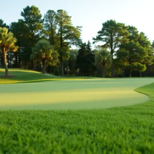 Close-up of a beautiful golf course with vibrant greenery