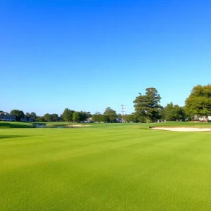 Close up view of a beautiful golf course featuring rolling fairways and pristine conditions.