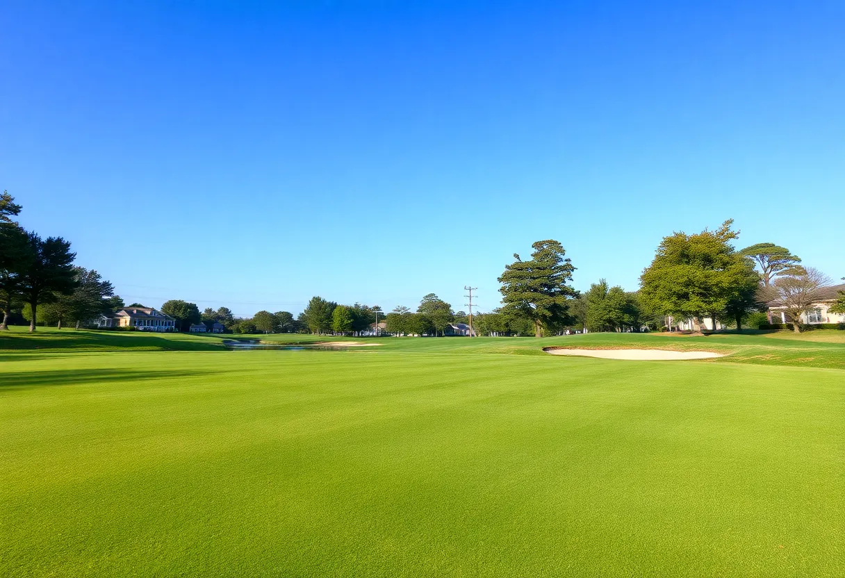 Close up view of a beautiful golf course featuring rolling fairways and pristine conditions.