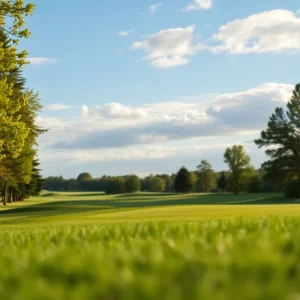 Vibrant greens of a beautiful golf course under clear skies