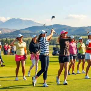 Women golfers competing in an LPGA tournament on a picturesque golf course