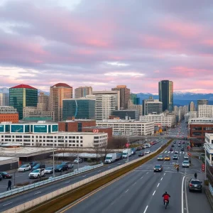 Skyline of Anchorage, Alaska during a busy day