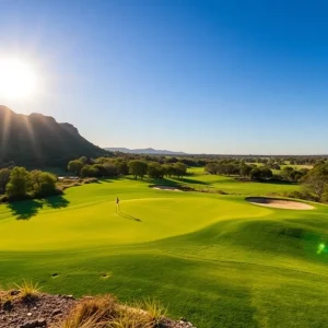 A scenic view of a golf course in Australia with lush greenery and a blue sky.