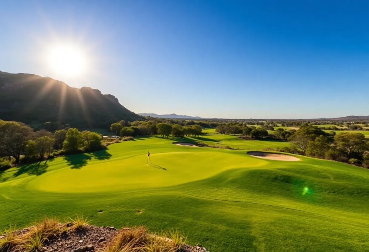 A scenic view of a golf course in Australia with lush greenery and a blue sky.