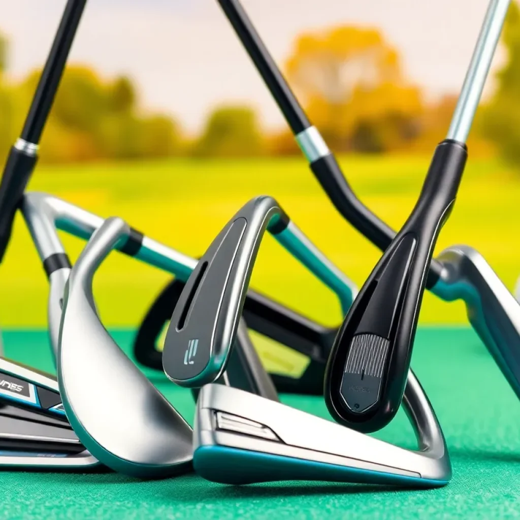 A variety of women's golf irons on display, showcasing their design and features.