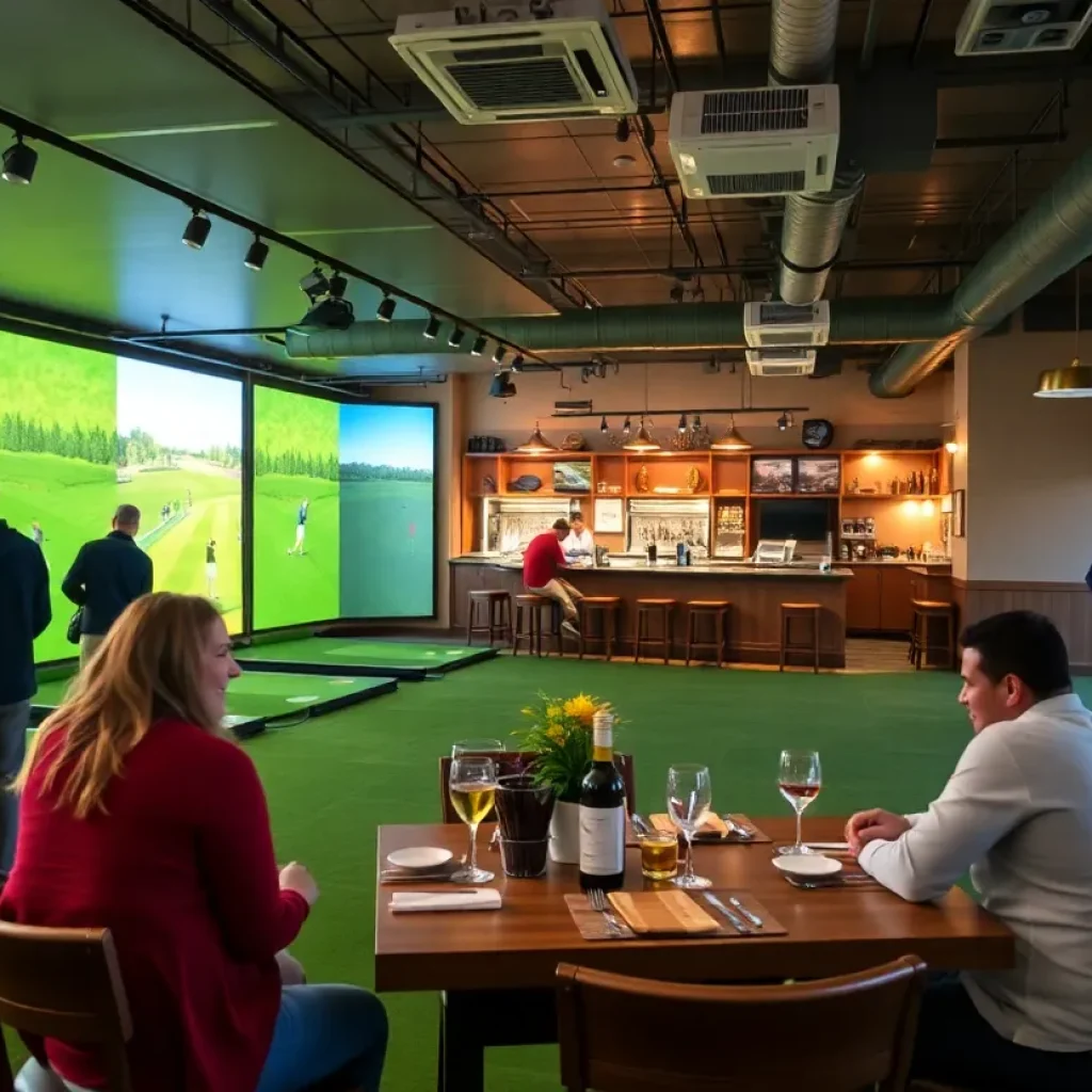 Golfers enjoying an indoor golf simulator at Buffalo Golf House