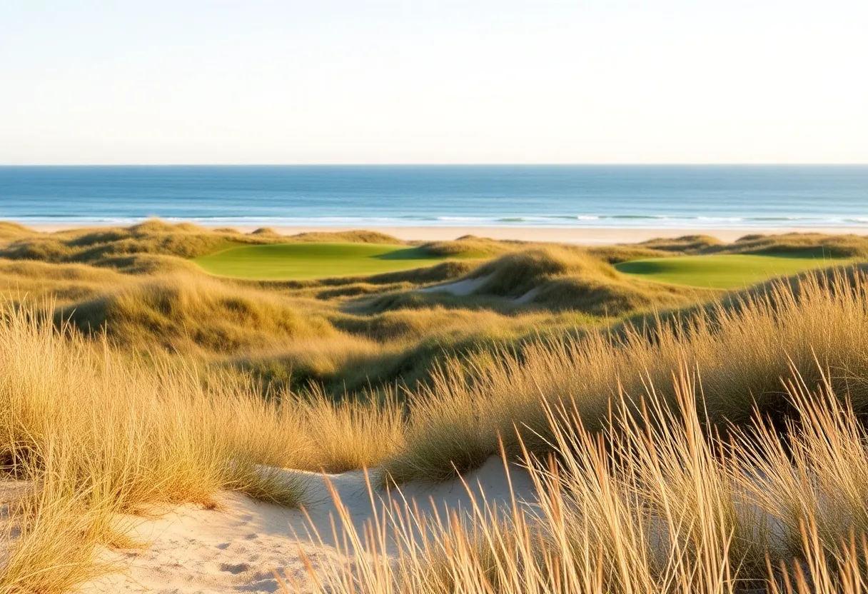 Coastal golf course surrounded by sand dunes and greenery