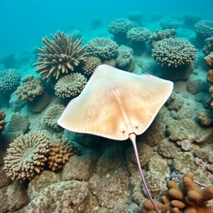 Cownose stingray swimming amidst coral reefs