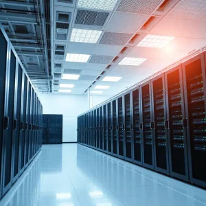 A high-tech data center with advanced server racks and technology.