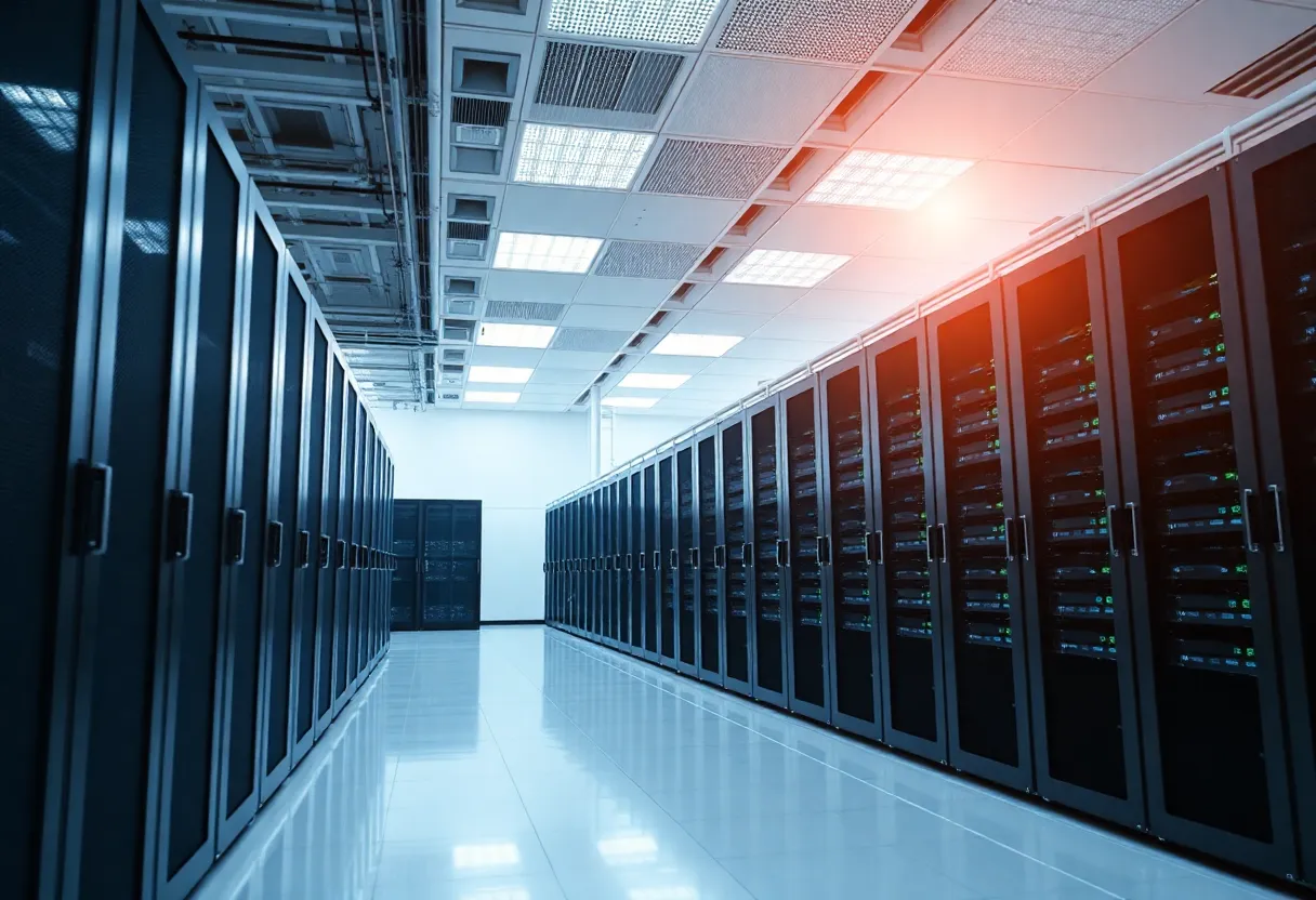 A high-tech data center with advanced server racks and technology.