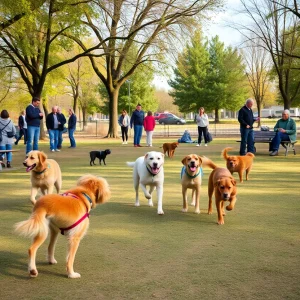 A peaceful dog park scene with dogs playing and people enjoying the outdoors.