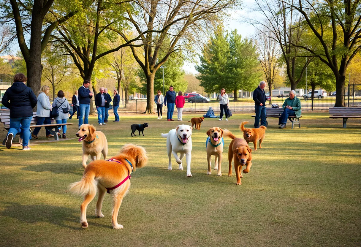 A peaceful dog park scene with dogs playing and people enjoying the outdoors.