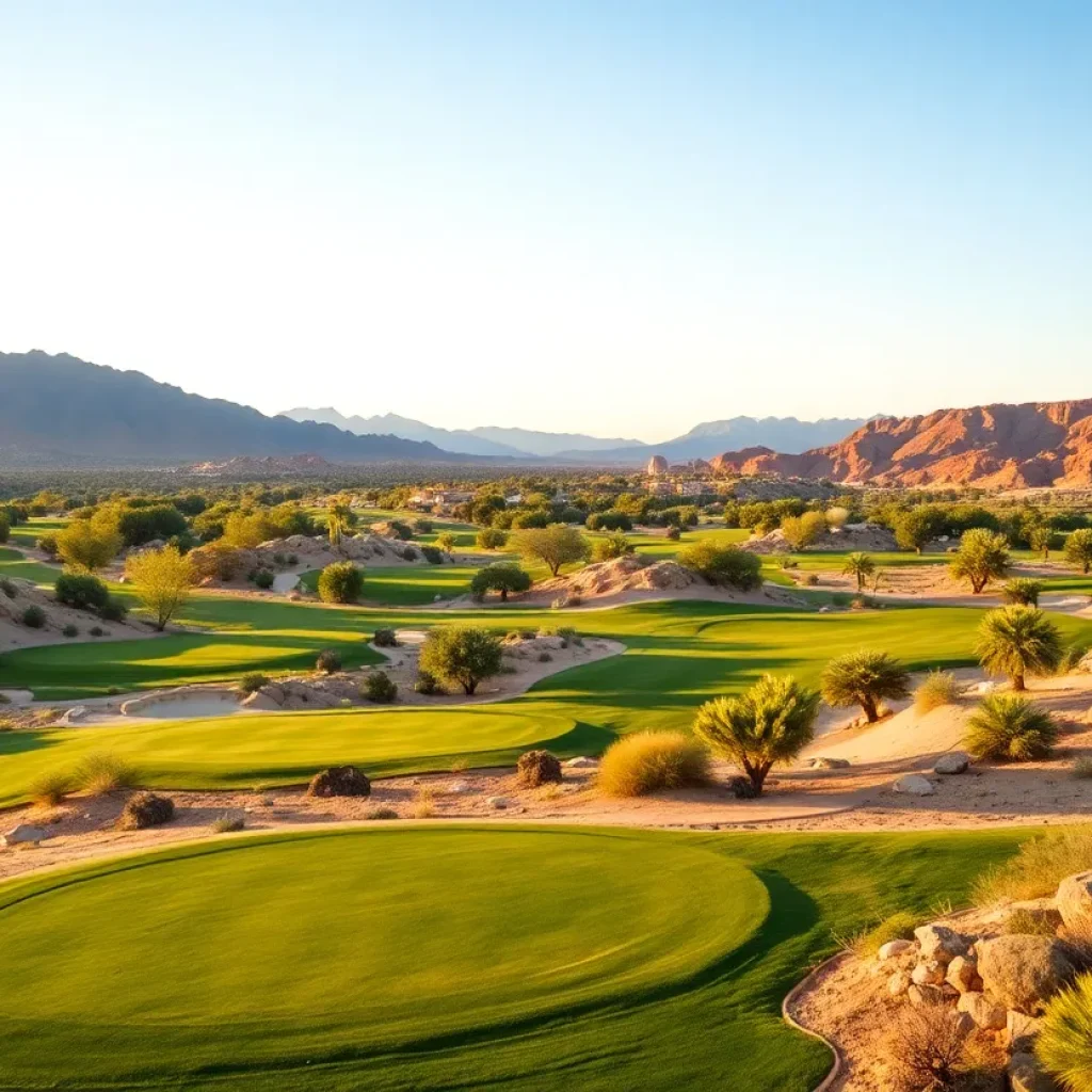 Golf course set in the Mojave Desert with palm trees and blue skies