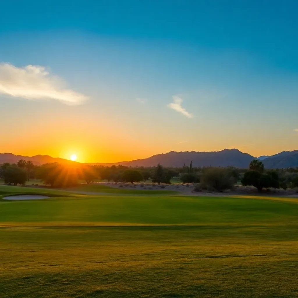 Golfers playing night golf on a desert course with beautiful lights and sunset scenery.