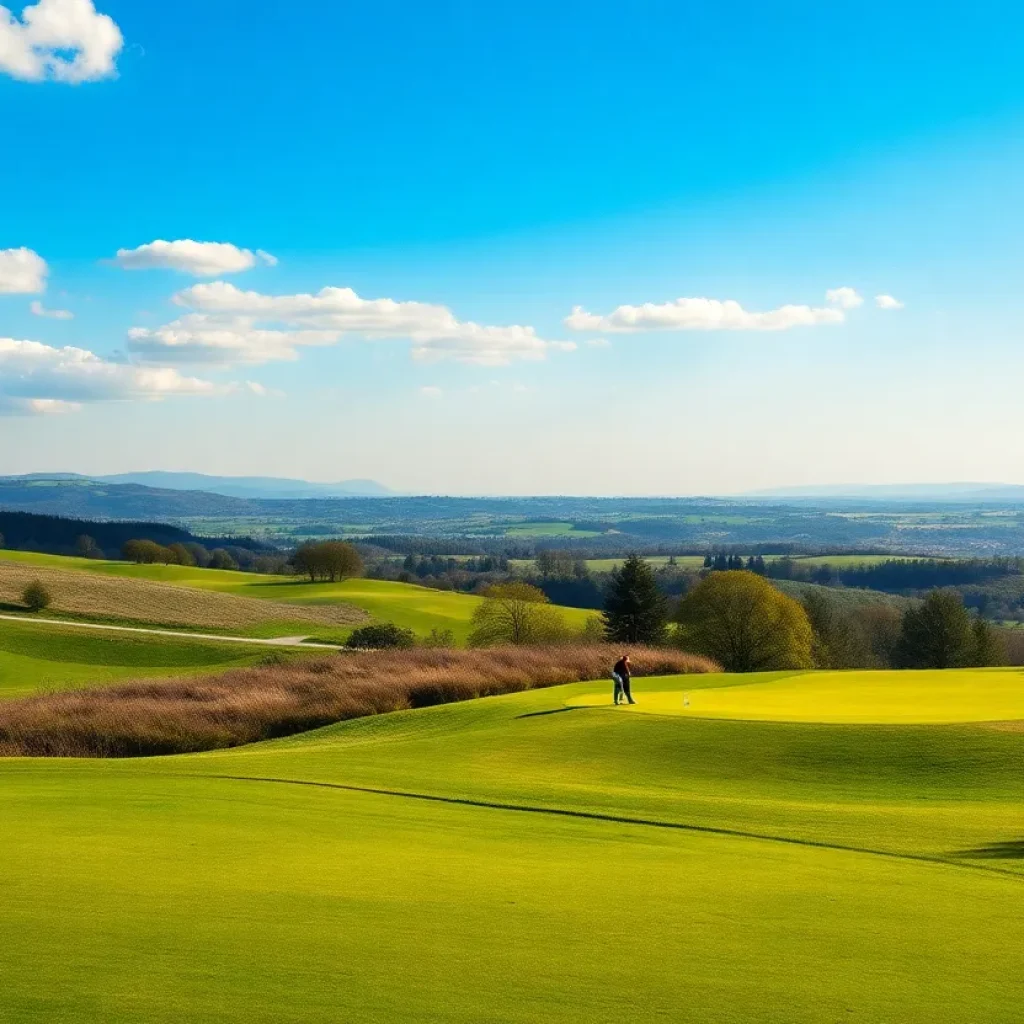 A beautiful European golf course with players on the green