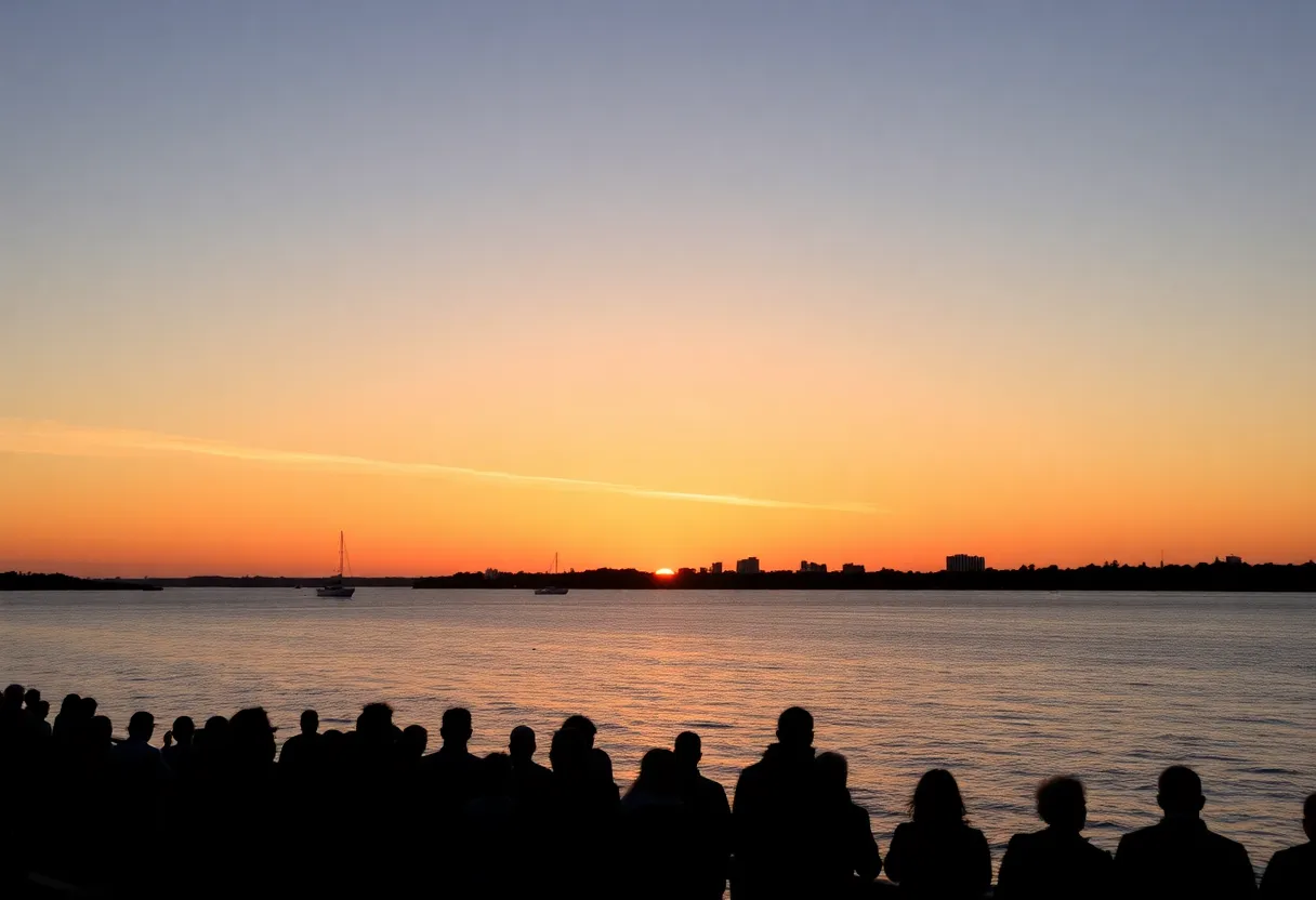 Sunset over Tampa Bay with community gathering