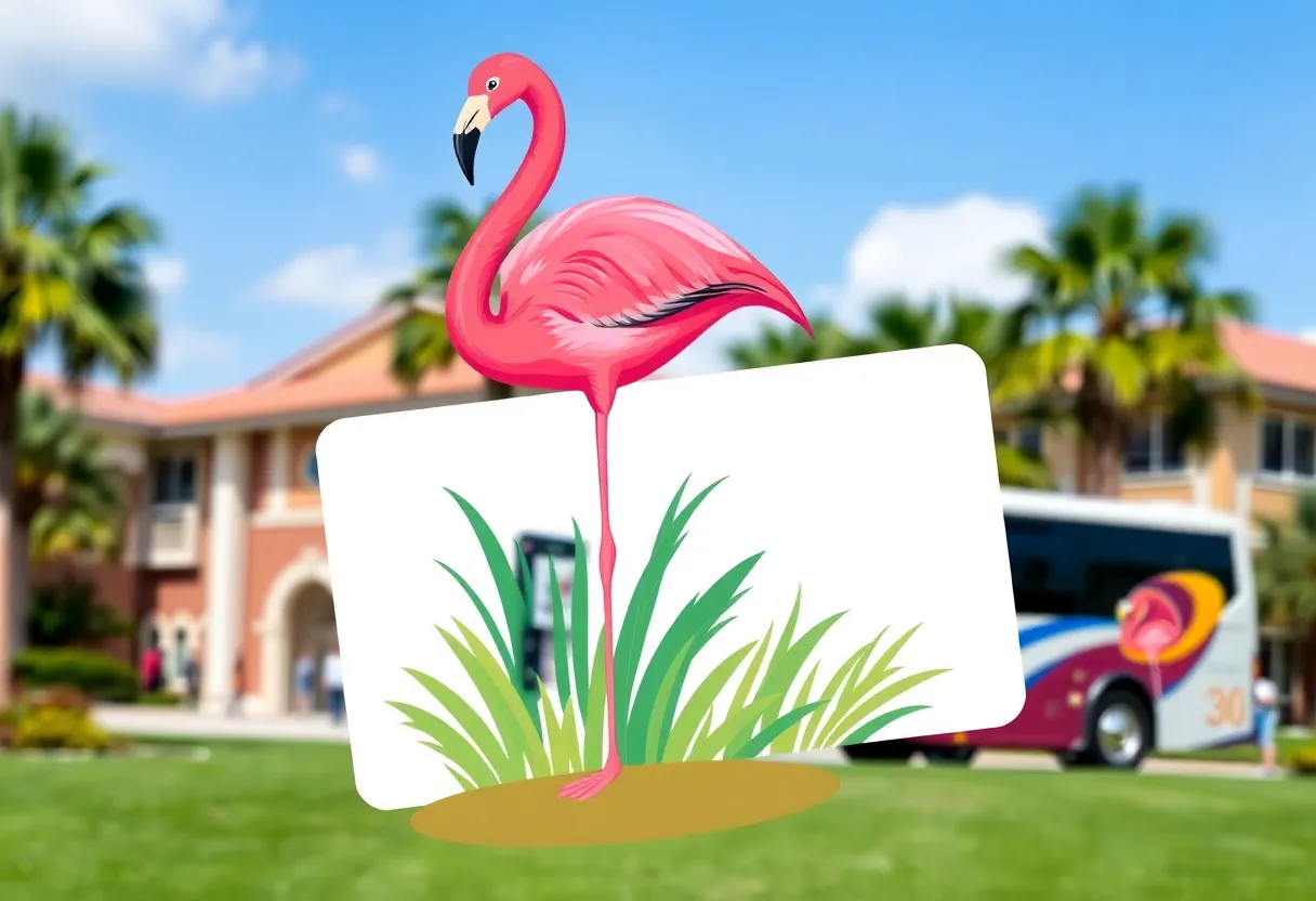 Flamingo card displayed with a HART bus in front of the USF campus