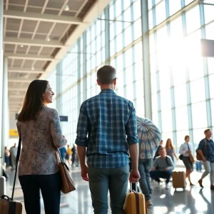 Couples and travelers interacting in a vibrant Florida airport terminal