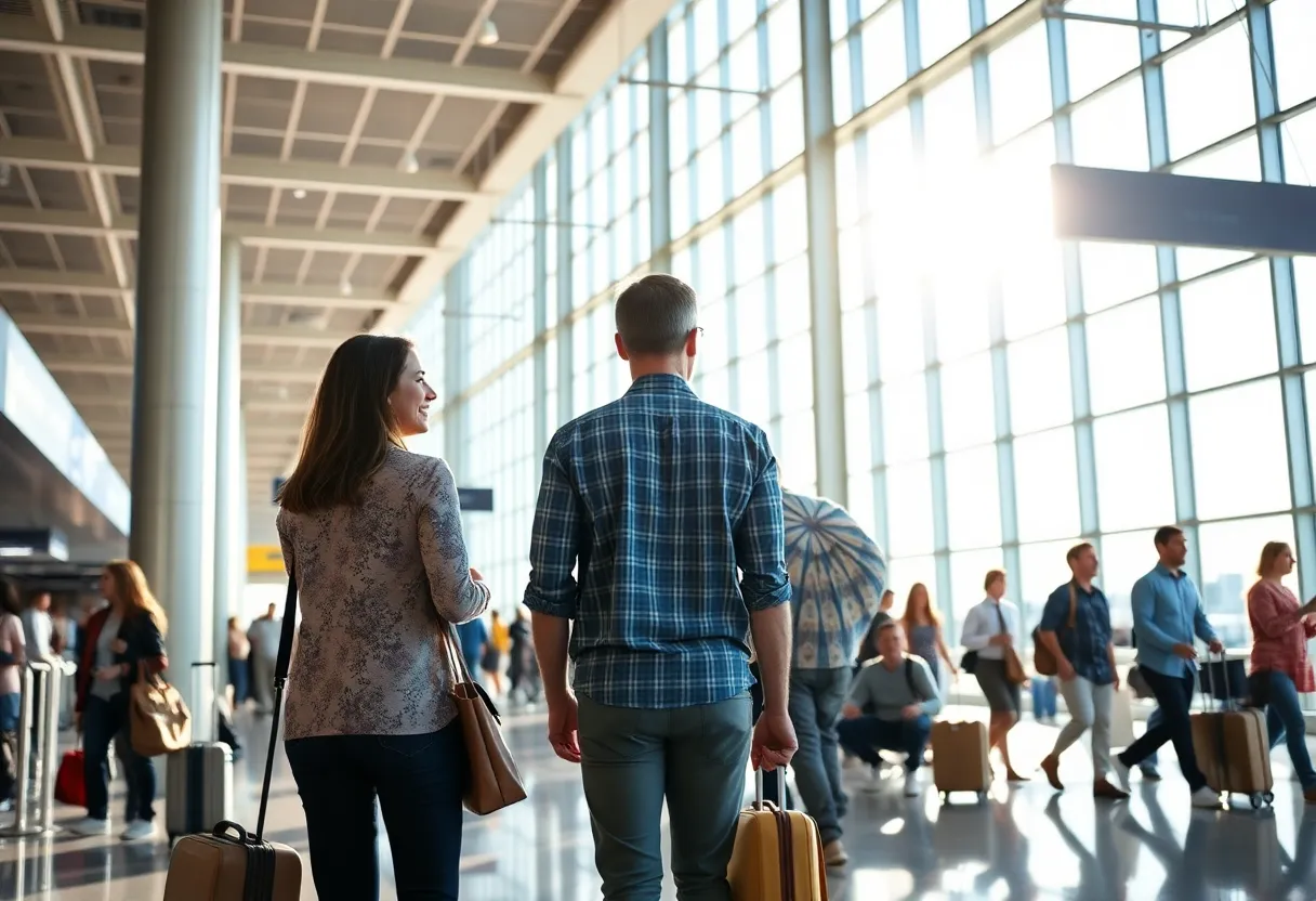 Couples and travelers interacting in a vibrant Florida airport terminal