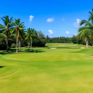 A beautiful golf course in Florida with palm trees and blue skies