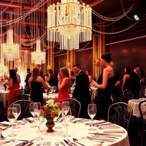 Attendees enjoying the Gatsby Gala event with flapper dresses and elegant decorations