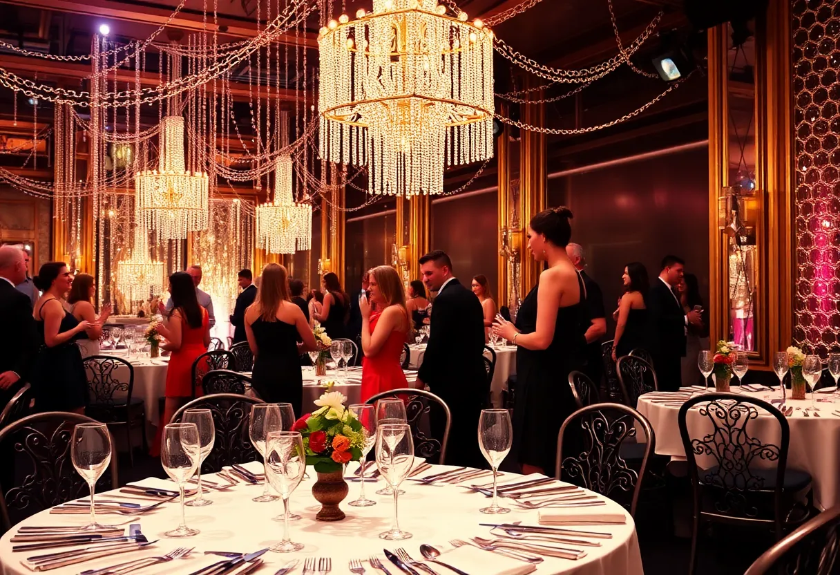 Attendees enjoying the Gatsby Gala event with flapper dresses and elegant decorations