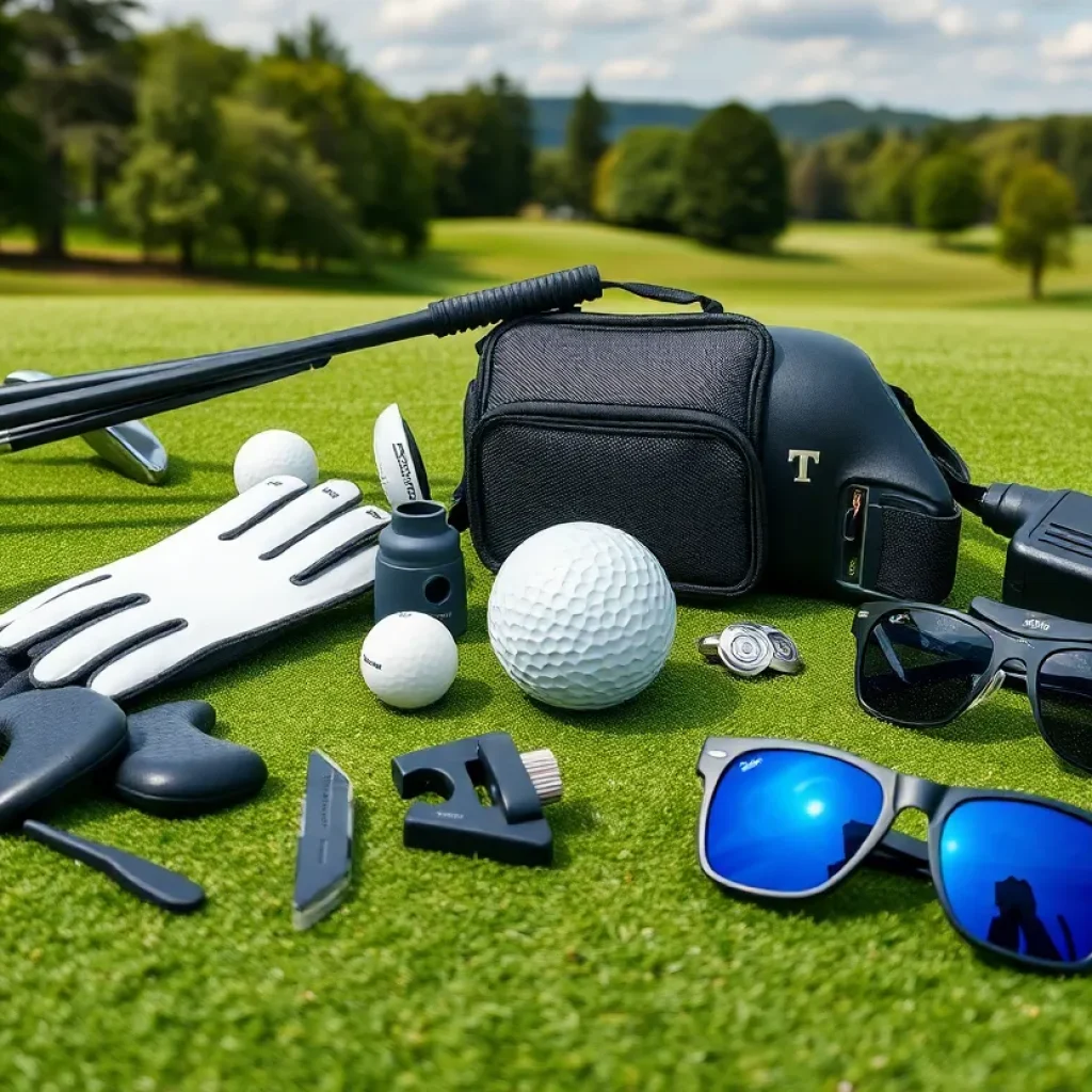 A variety of golf accessories displayed on a golf course.